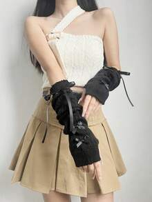 1 Pair Of Cute Bow Tie Women's Gloves Vertical Striped Women's Open Finger Gloves Y2K Warm Arm Cover Millennium Hot Girl Long Sleeve Cover