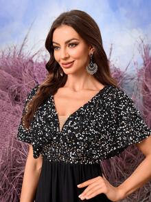 UNITHORSE Elegant V-Neck Raglan Sleeve Sequin Patchwork Chiffon Ruffle Design Graceful Flowy Chiffon Dress - Black - View 6