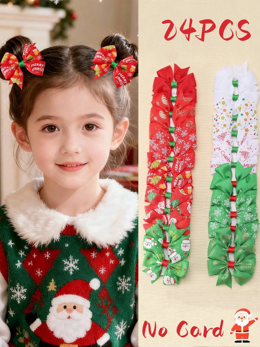 24 Stücke Weihnachts-Haarclips mit roter, weißer und grüner Stoffschleife, Weihnachtsmann, Schneeflocke, Weihnachtsbaum, exquisite Festivalschleifen für Mädchen, Weihnachts-Haaraccessoires
