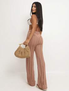 Women's Crochet Knit Beach Cover-Up | Elegant, Openwork, Chic Wide-Leg Pants With Adjustable Waist - Beige Beach Pants - View 3