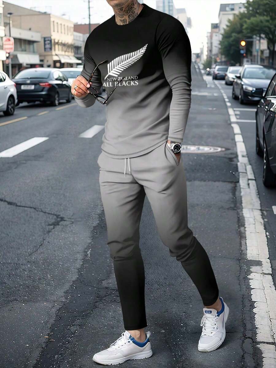 Men's Ombre Print Long Sleeve T-Shirt And Pants Set, Casual - Multicolor - View 1