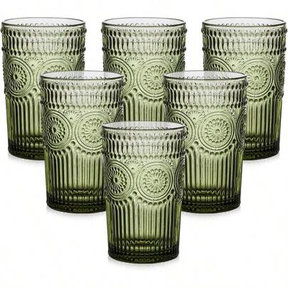 Vintage Glassware Drinking Glasses Set Of 6, 13 Oz Green Textured Flower Design Glass Tumblers Embossed Striped Drinkware, Cocktails, Iced Coffee