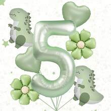 147个/124个/2个恐龙主题生日派对装饰，多种尺寸（5英寸/10英寸/12英寸/18英寸），颜色包括牛油果绿、蓝色、裸色和沙白色气球，包含花环、拱门等，卡通恐龙铝箔气球，适用于恐龙丛林探险主题派对、生日派对、恐龙主题装饰、迎婴派对、周年纪念日等。 - 彩色 - 查看 9