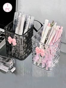 1pc Desk Stationery Organizer Box, Transparent Bowknot Square Pen Holder For Student Dorm, Office Desk - Multicolor - View 1