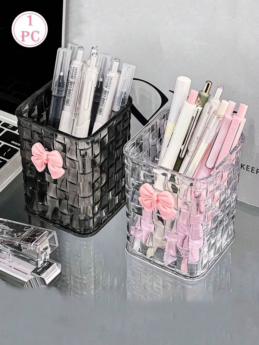 1pc Desk Stationery Organizer Box, Transparent Bowknot Square Pen Holder For Student Dorm, Office Desk - Multicolor - View 1