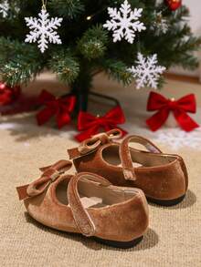 1 Pair Girls/Toddlers Mary Jane Bow Flat Shoes, Warm Indoor/Outdoor Party Holiday Flats Suitable For Christmas Party