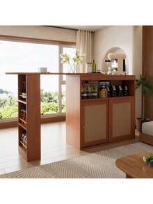 Tavolino laterale estensibile con contenitore, intreccio in rattan sui frontali, ripiani regolabili, tavolo alto, tavolo da bistrot, tavolo alto, isola da cucina, tavolo da cucina, piccolo bar per la casa (138-193*39*104cm)