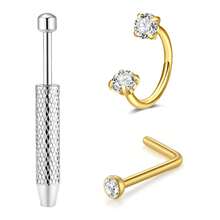 Nose Ring Studs 18G Nose Rings Hoops Stainless Steel Nose Rings Round Heart Star White CZ L Shaped Nose Stud With A Grabber Tool For Women Men Nose Piercing Jewelry Set