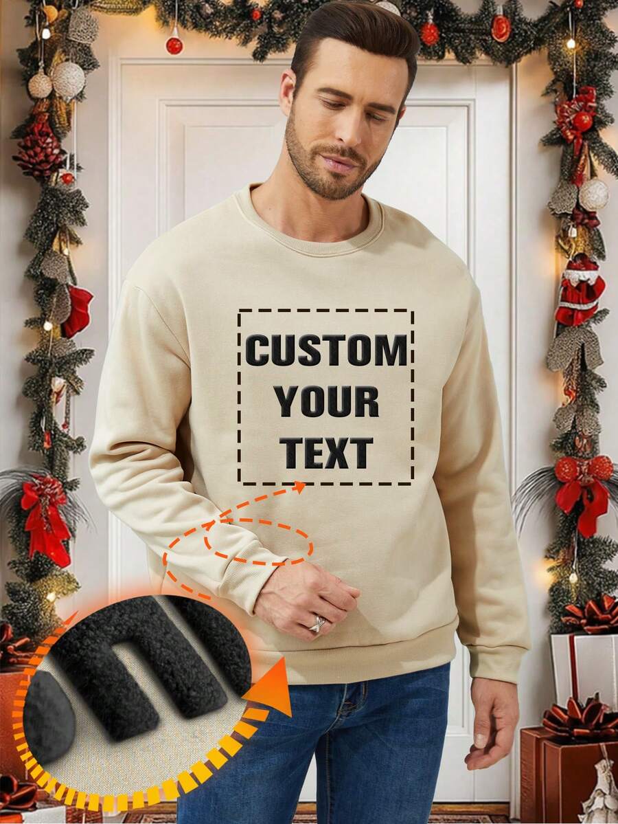 Customized Men's Sweatshirt, Suitable For Autumn/Winter, Personalized With Your Text In Flocked Print, Upload Your Own Photo (Partner, Pet, Group) To Design Your Unique Printed Sweatshirt, Ideal For Couples, Pranks, Surprise Gifts, Company Team Building, Christmas Party, Photo & Text Printed Sweatshirt For Boyfriend, Family, Friends, Birthday, Holiday Gifts, Valentine's Day, Anniversary, Customized Gift