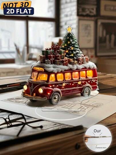 1 件经典圣诞巴士桌面雕塑，配有发光树和礼物 - 双面聚丙烯印刷，适用于家庭、卧室、餐厅、多用途圣诞装饰