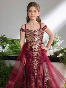 ALISA&LEO Delicate Spaghetti Strap Sequin Flower Girl Dress With Sheer Skirt And Heart Neckline For Wedding Ceremonies, Formal Galas, Evening Receptions, Award Ceremonies, Holiday Celebrations