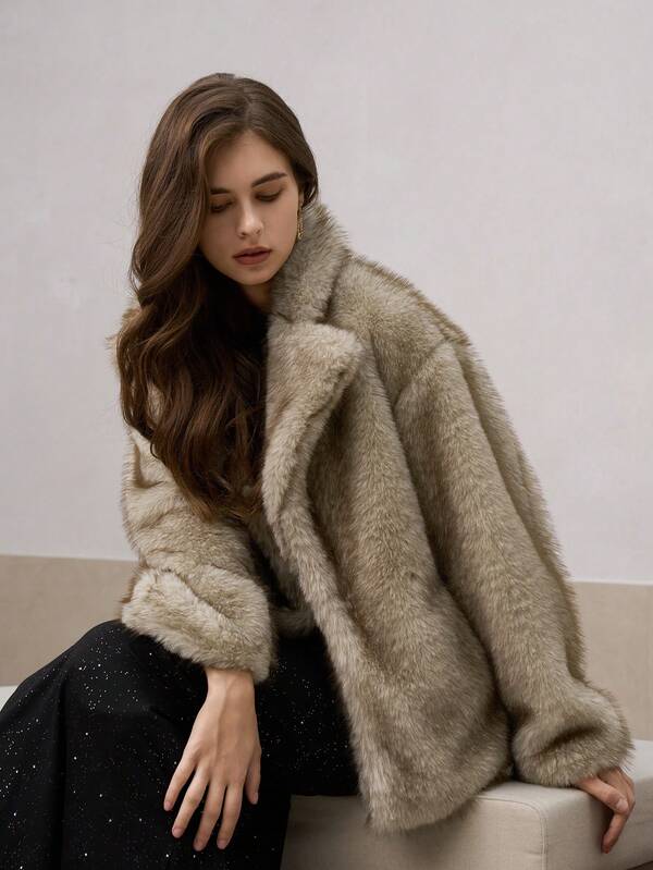 Women's Fashionable Elegant Daily Turndown Collar Chic Fluffy Faux Fur Jacket, Autumn/Winter, Christmas