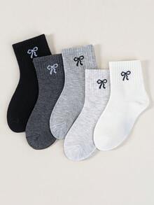 5/10/20 双女童纯色蝴蝶结设计短袜，可爱休闲简约日常旅行中筒袜，适合所有季节 - 彩色 - 查看 8