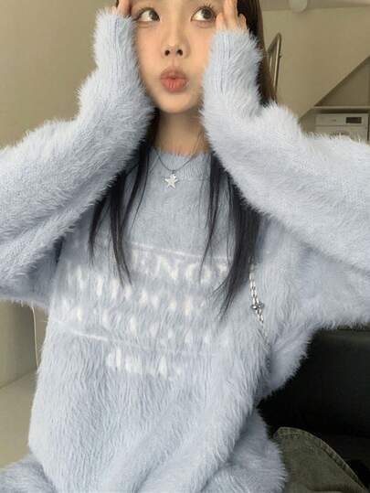 Soft & Fluffy Letter Print Loose Knit Sweater For Women, Autumn/Winter