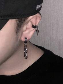 1PC/2PCS Stainless Steel Ear Hoop Chain Dangle Cross Earring Punk Style Ear Clip Ear Lobe Men's Earring Fashion Jewelry