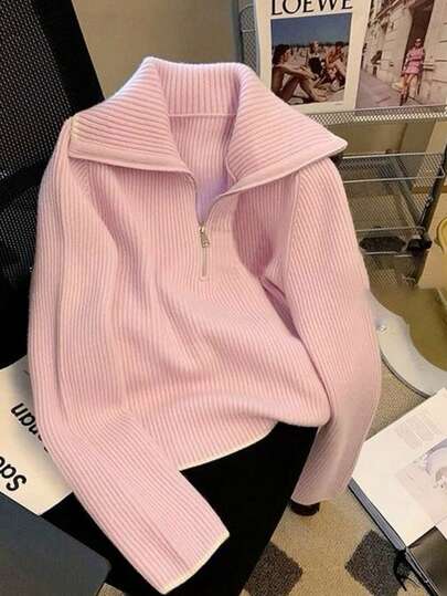 Plus Size Solid Color Zip-Up Ribbed Knit Top, Casual Everyday Wear, Autumn/Winter