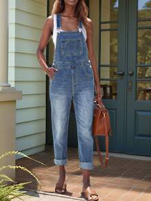Mono vaquero sin mangas para mujer, mono informal sin estiramiento con bolsillos y botones, adecuado para uso diario