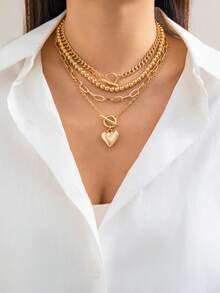 Set de 3 collares con cuentas de perlas vintage, asimétricos, con colgante geométrico de corazón elegante y minimalista, versátil para fiesta y uso casual