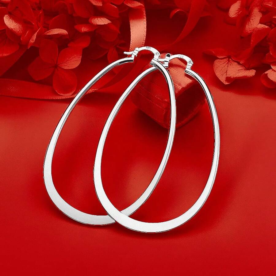 Hoa tai vòng tròn trơn mạ bạc Sterling 925 dành cho nữ thời trang dự tiệc cưới phụ kiện trang sức quà tặng Giáng sinh - Bạc - Xem 1