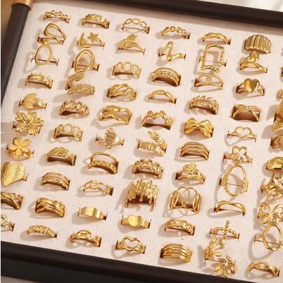 3/6/9/12/24件不锈钢18K镀金简约几何开口戒指，时尚日常佩戴（随机发货）