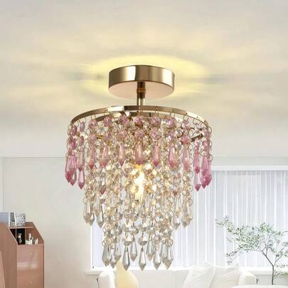 Special Green Octagonal Bead Teardrop Crystal Chandelier, Mini Gold Corridor Vintage Ceiling Lamp, Branch Chandelier, Semi-Flush Mount Ceiling Light, Modern Kitchen And Bedroom Ceiling Fixtures, E14 Socket (Light Source Not Included)