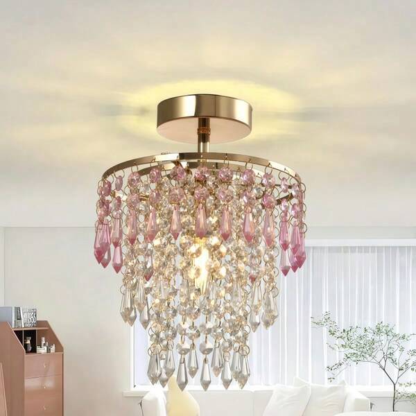 Special Green Octagonal Bead Teardrop Crystal Chandelier, Mini Gold Corridor Vintage Ceiling Lamp, Branch Chandelier, Semi-Flush Mount Ceiling Light, Modern Kitchen And Bedroom Ceiling Fixtures, E14 Socket (Light Source Not Included)