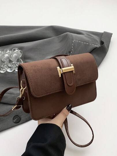 1 Stück Mini einfarbiger Metallschnallen Dekor braune Wildledertasche, verstellbarer Schultergurt, Klappe Abdeckung Mode Damen Umhängetasche für den täglichen Gebrauch & Ausgehen