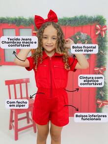 Kit 2 Kids Jumpsuit Girl Blogger Dungarees Youth Jeans Shorts Zipper Casual Fashion - 紅色 - 查看 3