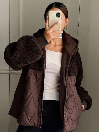 Livesso 女式秋冬拼接千鸟格短款羊毛夹棉大衣夹克