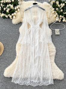 SOFUSEN 2 PCS Sheer Kimono Robe Lingerie Set With Belt,Long Sleeve Transparent Mesh Cover Up Deep V Front,Long Lace Robe For Women, Photoshoot, Valentine's   Gift,   Costume - trắng - Xem 1