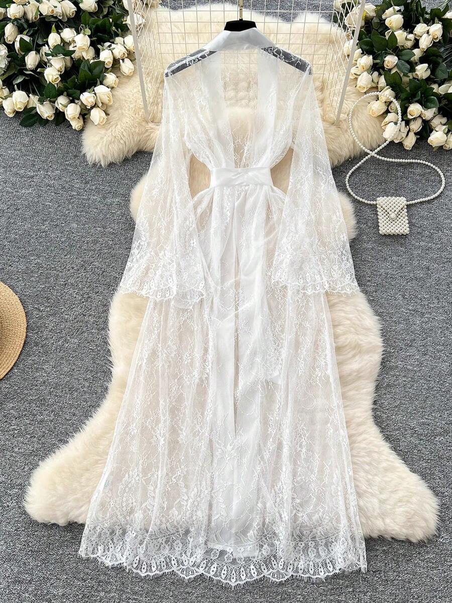 SOFUSEN 2 PCS Sheer Kimono Robe Lingerie Set With Belt,Long Sleeve Transparent Mesh Cover Up Deep V Front,Long Lace Robe For Women, Photoshoot, Valentine's Gift, Costume - trắng - Xem 1