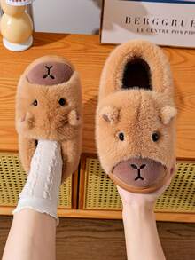 1 par de pantuflas de invierno para mujer con suela gruesa antideslizante y forro térmico, estilo Capibara - Marrón claro - Ver 5