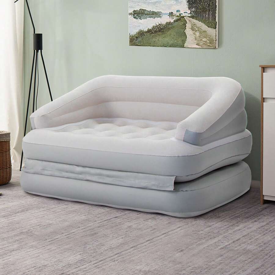 Inflatable Couch Flocked Blow Up Couch Mattress,Outdoor Air Sofa Bed For Camping, Full Size - Màu be - Xem 1
