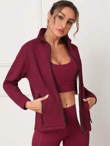 Damen Outdoor Fleecejacke, einfarbig, modisch-Lässig mit Taschen, dick gefüttert, slim fit, geeignet für Herbst/Winter Yoga, Fitness, Laufen, Outdoor-Sport, Rot
