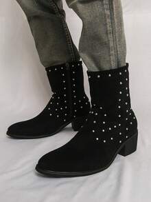 Versatile Korean Style British Retro Solid Color Western PU Leather Metal Eyelet Rivet Embellished Chelsea Boots, Suitable For Holidays And All Seasons - Black - View 4