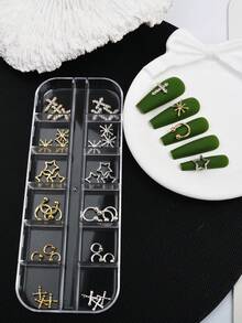 12 griglie, 36 pezzi, forniture per arte di unghie punk gotica 3D, inclusi stelle di riso, stelle a cinque punte, anelli di perle semisferiche, stelle di miglio e altri stili misti, decorazione per unghie adatta per ragazze per nail design fai-da-te