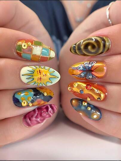 24pcs Medium Almond Shaped Gradient Nail Stickers, Includes Sun, Butterfly, Polka Dot And Plaid Patterns, Retro Style, Glossy Full Coverage, Suitable For Women And Girls For Daily Wear Nails Nail Supplies