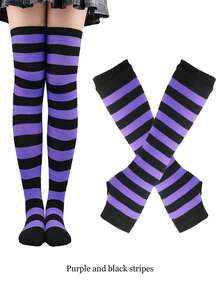 1 Set Women's Christmas Striped Thigh High Socks + Gloves, Red/White, Green/White, Red/Green, Purple/Black Striped Knee Socks, Suitable For Stage Performance, Cosplay, Christmas Party, Winter Warm Socks, Y2K Style