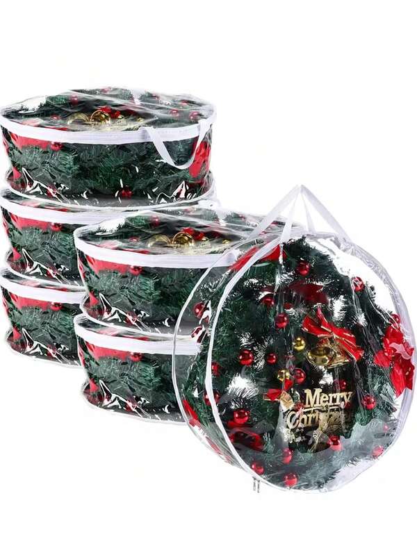 صندوق تخزين إكليل بلاستيك شفاف قياس 24 بوصة مع باب سحاب مزدوج ومقبض - حقيبة حماية الإكليل، مناسبة لعيد الميلاد والأعياد على مدار العام، منظم إكليل متين للاستخدام الداخلي/الخارجي