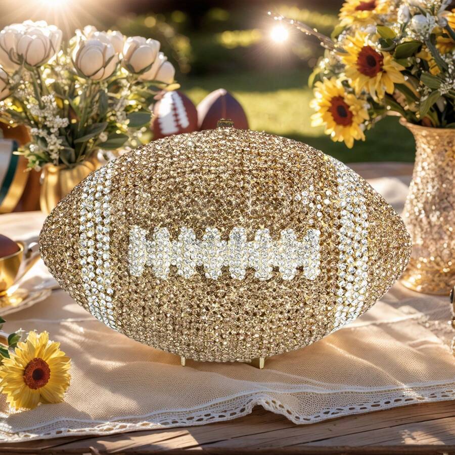 Novelty Football Shape Rhinestone Bag For Women Shiny Crystal Clutch Purse Party Handbag For Prom Cocktail - Gold - View 1