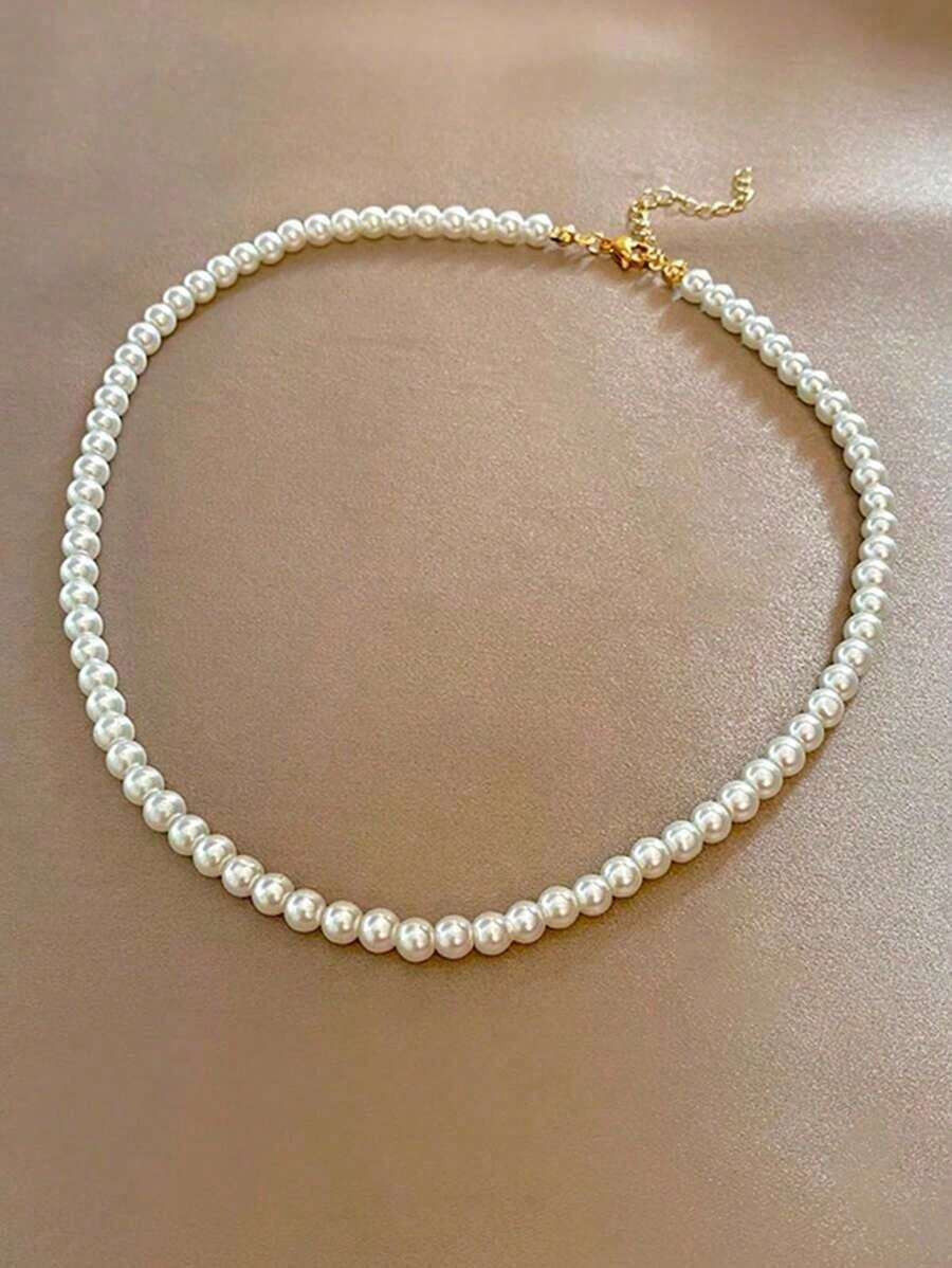 1pc Vintage French Style White & Pink Faux Pearl Necklace, Simple Choker HCJT - trắng - Xem 1