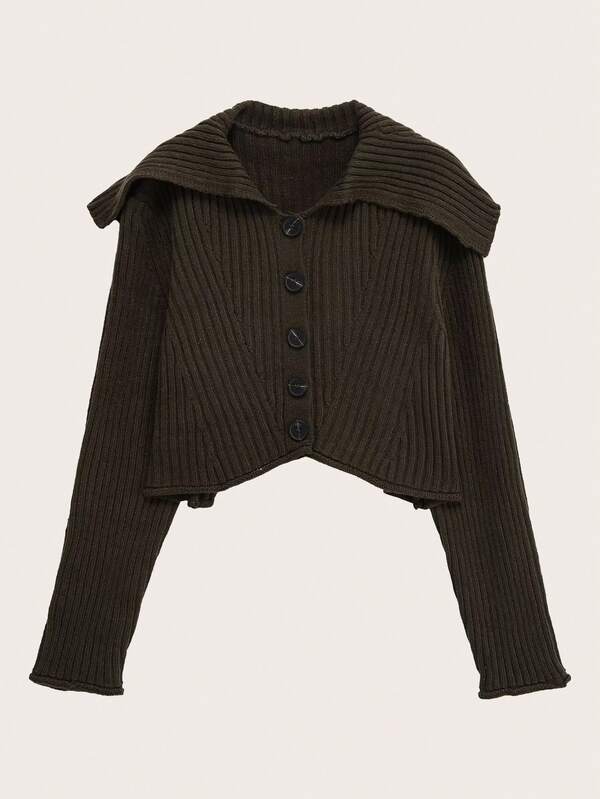 Solid Color Turndown Collar Short Knitted Cardigan, Spring/Autumn