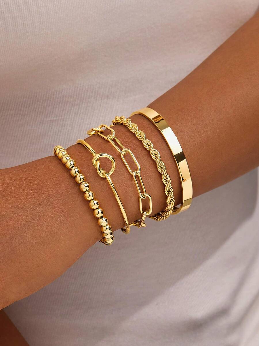 5pcs Set Of Elegant And Chic Stackable Bracelets And Bangles For Women, Minimalist And Fashionable - Gold 5-pack - View 1