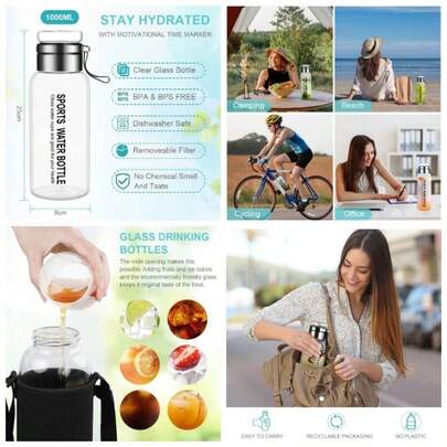 Glass Bottle - 1 Liter, Borosilicate Glass Drink Bottle With Stainless Steel, Leak - Proof, TeaFruit Infuser Home, School, Travel