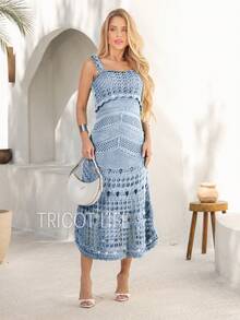 Women's Crochet Midi Dress, Lined, Elegant, New Year's Eve Party, Casual, Batal, Wedding, Gender Reveal - 淺藍色 - 查看 8