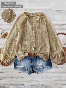 EARO 女式法式 V 领宽松透视镂空长袖衬衫，优雅纹理设计，百搭 - 軍綠色 - 查看 2