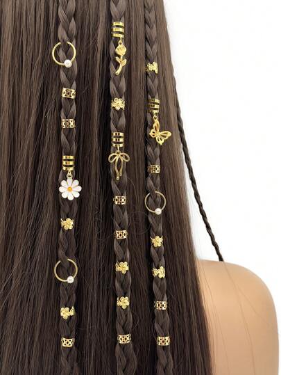 27/45pcs Alloy Daisy Flower Braid Hair Clips, Y2K Punk Hip Hop Decorative Hairpins, Gifts Party Daily Use Hair Rings & Accessories