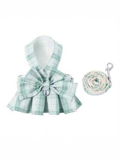 Bộ đồ thoáng khí 4 mùa cho mèo cưng, áo vest xanh lá cây kèm dây xích, phụ kiện chó 3D hoạt hình, dây xích gấu bông, đai ngực chống thoát hiểm cho mèo khi ra ngoài.