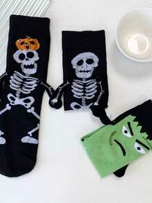 1/5 双万圣节南瓜骷髅手牵手创意趣味可爱袜子 - 彩色 - 查看 10