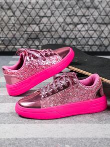 粉色闪光拼接时尚女式运动鞋，优雅舒适的休闲运动鞋，适合度假、散步、日常穿着、聚会、商务和派对 - 彩色 - 查看 4